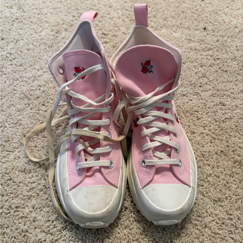 Pink High-Top Canvas Sneakers with Floral Detail